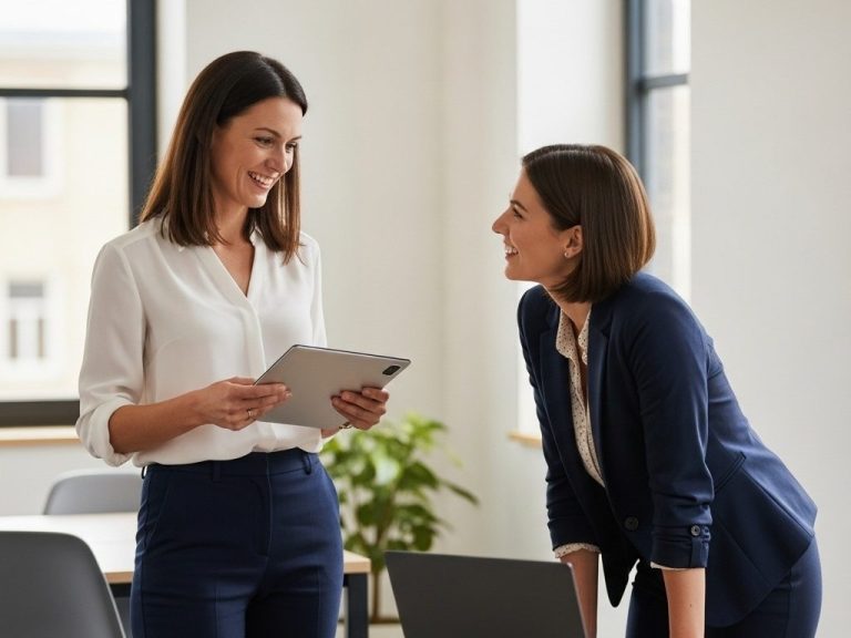 Zwei Frauen in einem modernen Büro, eine hält ein Tablet und lächelt, die andere lehnt sich vor.