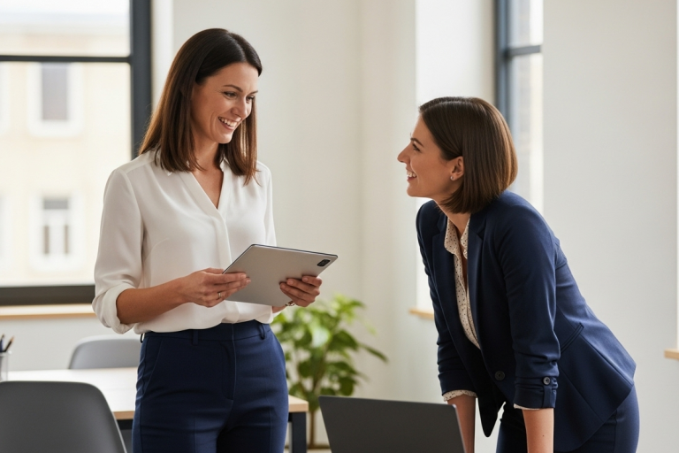 Two women in an office, one pointing at a tablet, the other smiling.