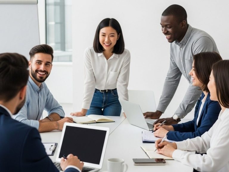 Eine Gruppe von Menschen bei einem Meeting, lachend und diskutierend am Tisch.