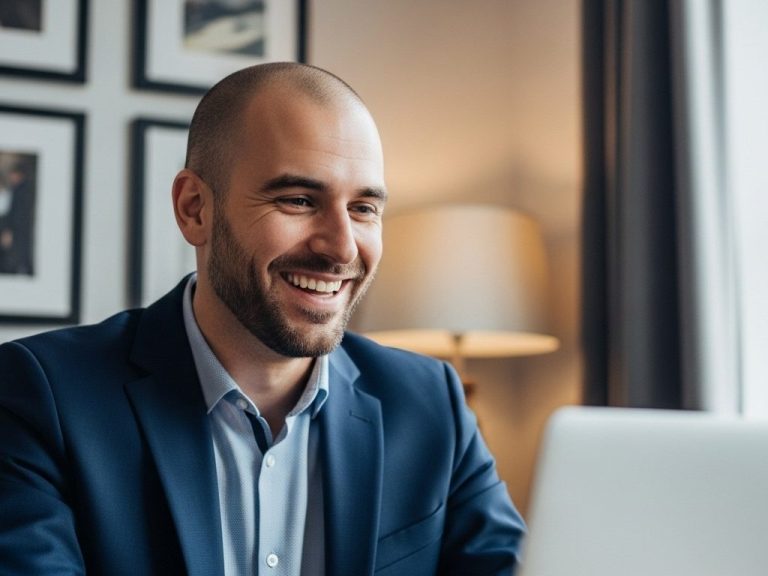 Lächelnder Mann im Anzug sitzt am Schreibtisch und schaut auf einen Laptop.