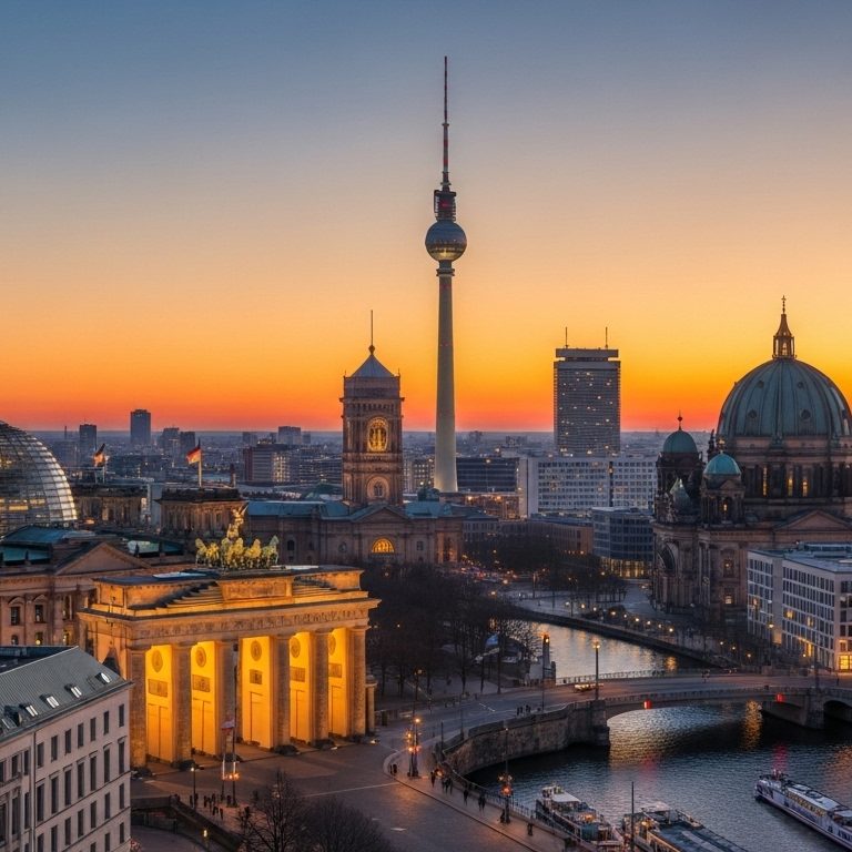 Panoramic view of Berlin with the Brandenburg Gate and TV tower at sunset.