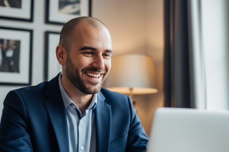 Smiling man in a suit sits in front of a laptop, surrounded by pictures.