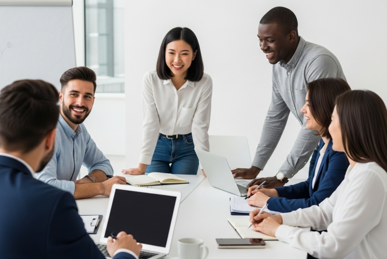 Group of people in a meeting room working together at a table.